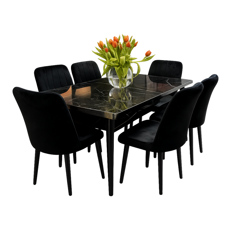 Black Turkish Extendable Dining Table Set with 6 Chairs