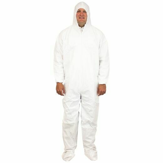 MICROPOROUS COATED  WHITE COVERALLS WITH ATTACHED HOOD AND BOOTIES , SOLD  BY THE CASE ONLY MICROPOROUS COATED  WHITE COVERALLS WITH ATTACHED HOOD AND BOOTIES , SOLD  BY THE CASE ONLY