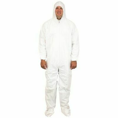 MICROPOROUS COATED WHITE COVERALLS WITH ATTACHED HOOD AND BOOTIES , SOLD BY THE CASE ONLY