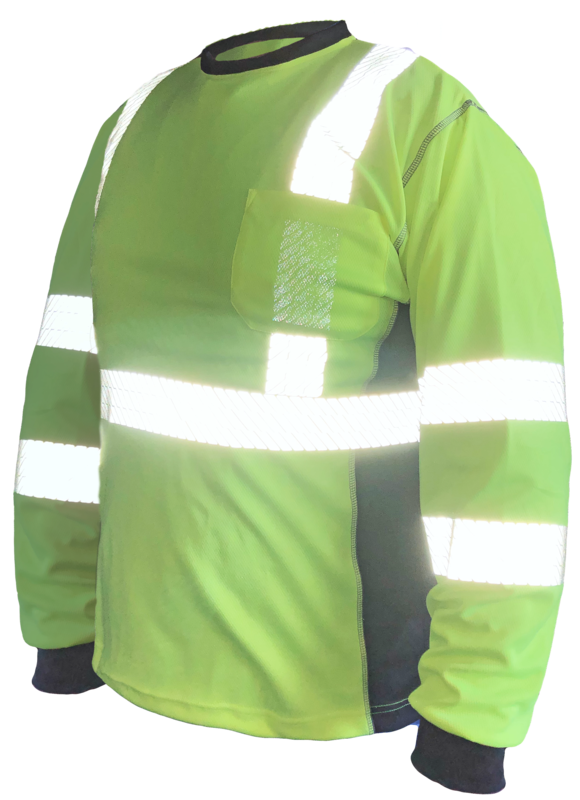 ANSI  Class 3 Hi Viz Long Sleeve T-Shirt With  Pocket, Black Side Panels With Zig-Zag Reflective Stripes