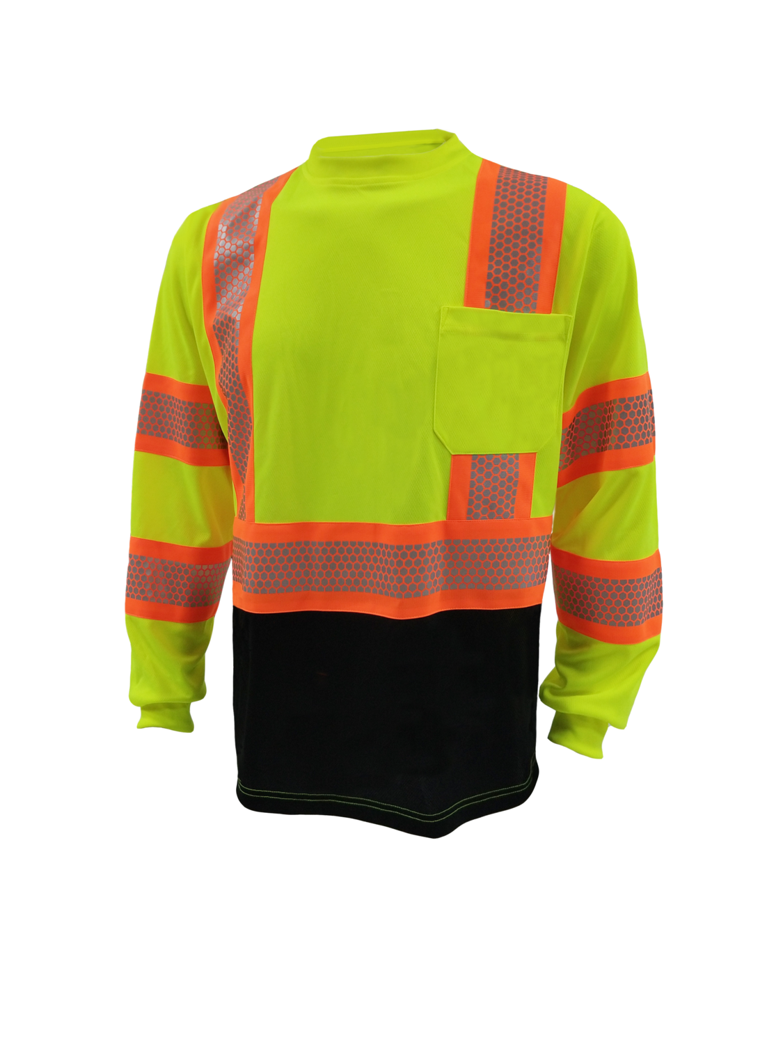 ANSI Class 3 Hi Vis Long Sleeve T-Shirt With Pocket , Honeycomb Reflective Tape And Black Bottom