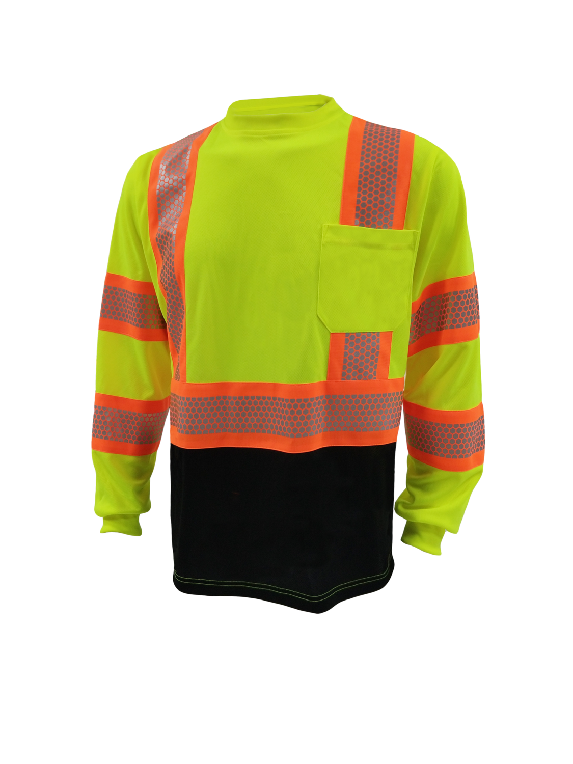 ANSI  Class 3 Hi Vis Long Sleeve T-Shirt With  Pocket , Honeycomb  Reflective Tape And Black Bottom, Size: Small, Color: Hi Viz Lime