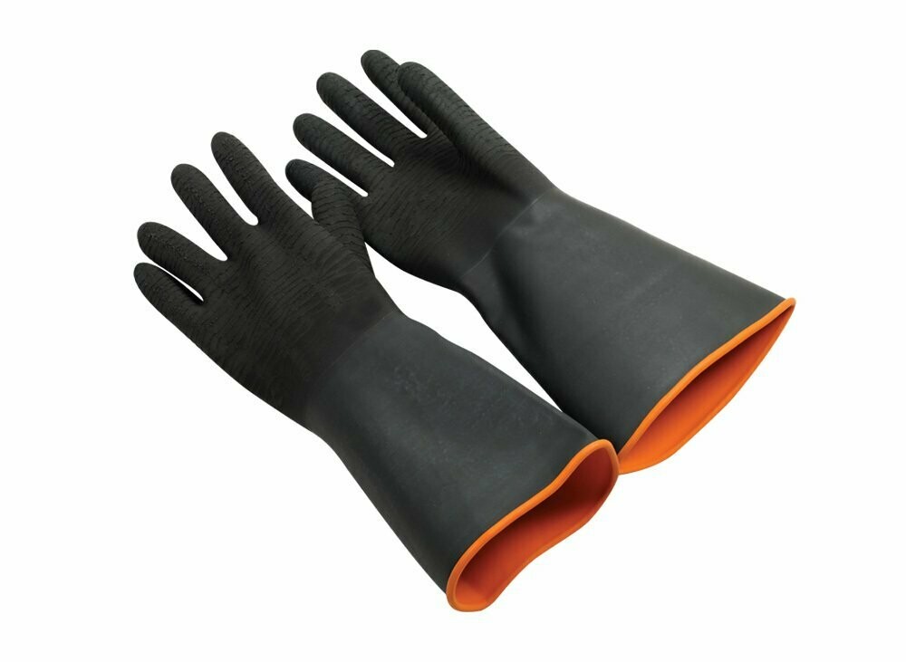 Pair of HEAVY RUBBER GLOVES 18" Length Rolled Cuff Crinkle Finish For Firm Grip