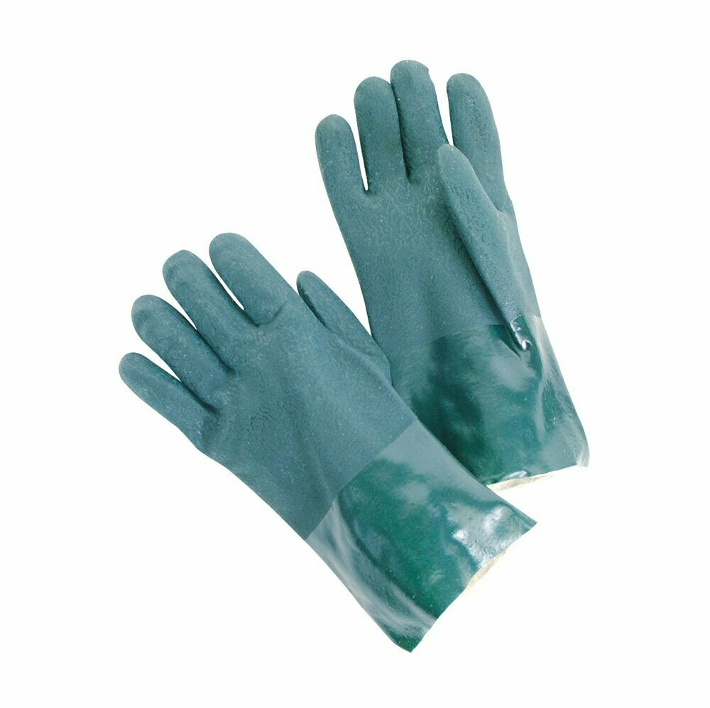 Rough Finish, Double Dipped, Green Color, Jersey lined PVC Gloves With 12 Inch In Total Length,Open Cuff, Sold By The Case