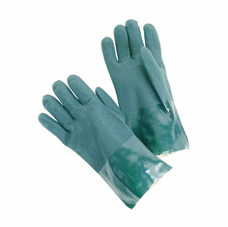 Sandy Finish, Double Dipped, Green Jersey  lined  PVC  Gloves With 12 Inch  In Total Length ,Open Cuff, 6 Dozen Per Case,Sold By The Case
