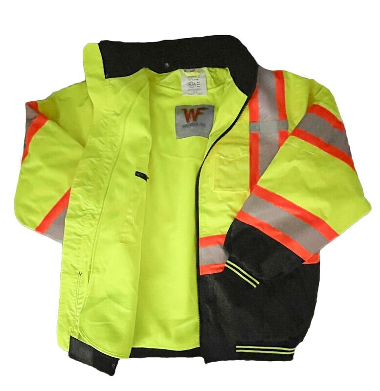 ANSI Class 3 Yellow / Lime Bomber Jacket With  Removable Fleece Lining,  Printed -On Contrast Tape And Black Bottom
