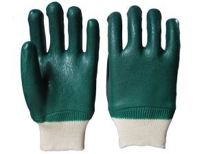 Sandy Finish, Double dipped Green Jersey Lined PVC Gloves With Knit Wrist, Sold By The Dozen