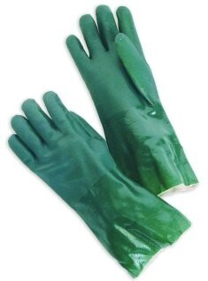 Sandy Finish, Double Dipped, Green jersey  lined  PVC  Gloves With 12 Inch  In Total Length ,Open Cuff, Sold By The Dozen