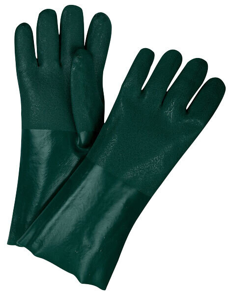 Sandy Finish, Double Dipped, Green Color, Jersey lined  PVC  Gloves With 14 Inch  In Total Length ,Open Cuff, Sold By The Dozen
