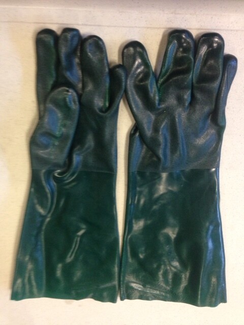 Rough Finish, Double Dipped,Green Color, Jersey  lined  PVC  Gloves With 18 Inch  In Total Length ,Open Cuff, Sold By The Dozen