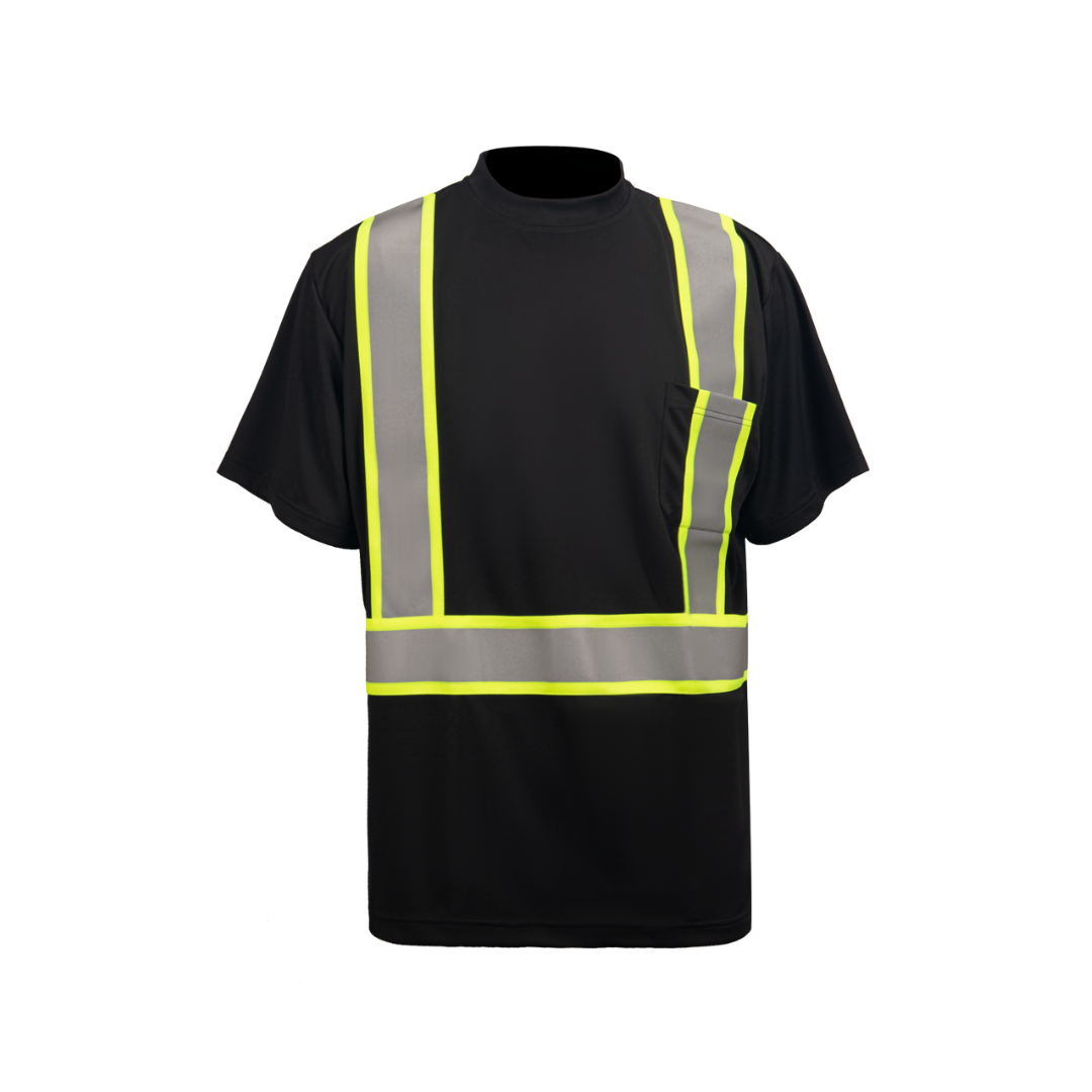 ANSI Class 2 Hi Viz Black Color Short Sleeve T-Shirt With Pocket and Reflective Stripes ANSI Class 2 Hi Viz Black Color Short Sleeve T-Shirt With Pocket and Reflective Stripes