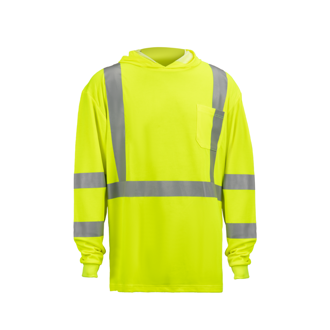ANSI  Class 3 Hi Viz Yellow Hooded Long Sleeve T-Shirt With  Pocket, Knit Cuffs And Reflective Stripes