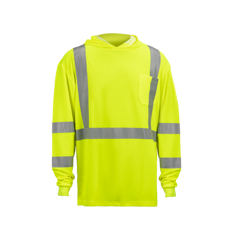 ANSI  Class 3 Hi Viz Yellow Hooded Long Sleeve T-Shirt With  Pocket, Knit Cuffs And Reflective Stripes