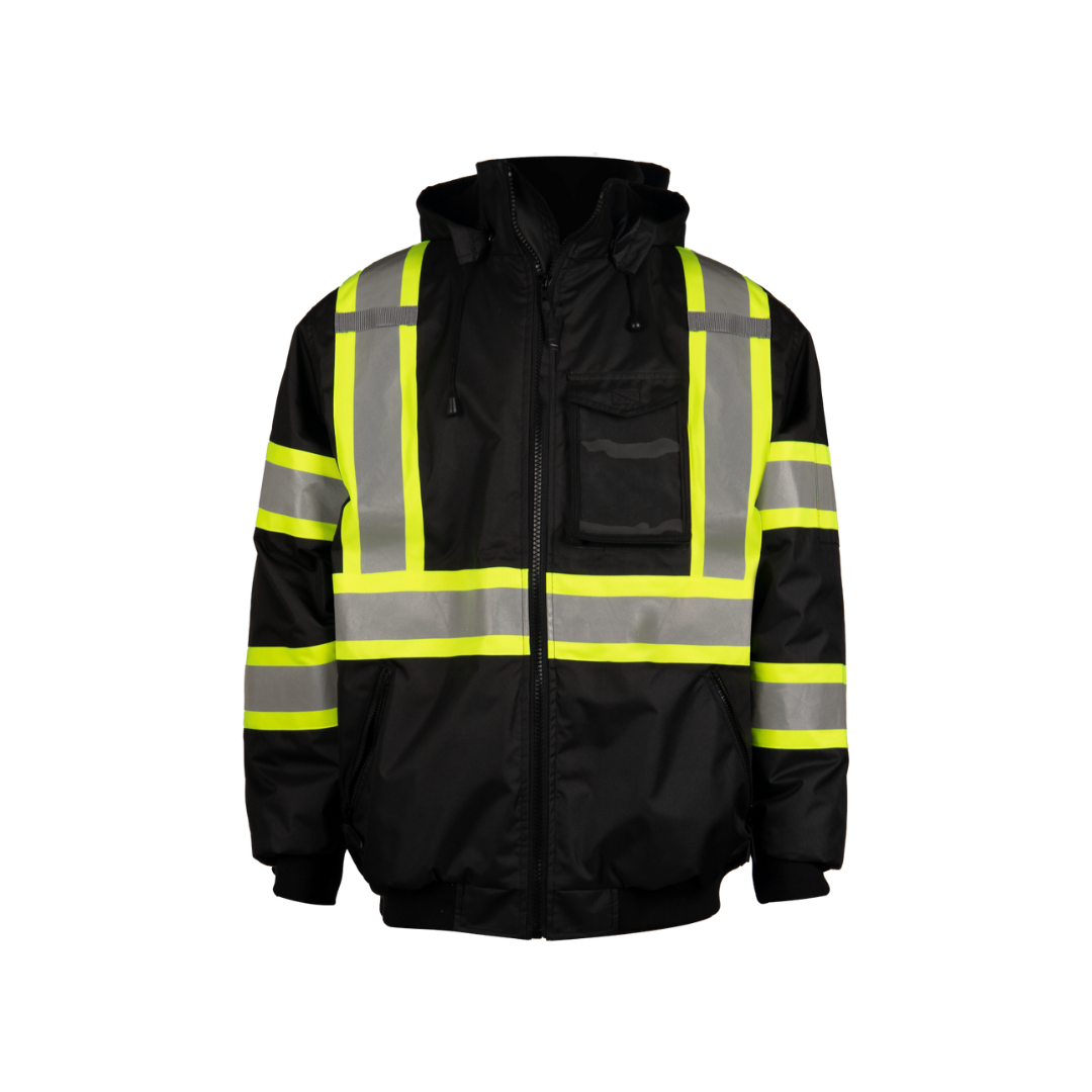 ANSI Class 3 Quilt Lined Black Winter Bomber Jacket With Contrast Reflective  Tape ANSI Class 3 Quilt Lined Black Winter Bomber Jacket With Contrast Reflective  Tape