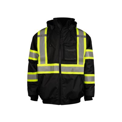 ANSI Class 3 Quilt Lined Black Winter Bomber Jacket With Contrast Reflective  Tape