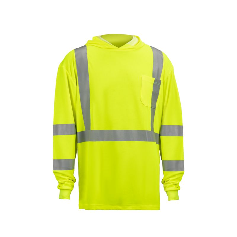 ANSI  Class 3 Hi Viz Yellow Hooded Long Sleeve T-Shirt With  Pocket, Knit Cuffs And Reflective Stripes