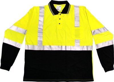 ANSI Class 3 Hi Viz Long Sleeve Polo Shirt With Pocket, Reflective Stripes And Black Bottom