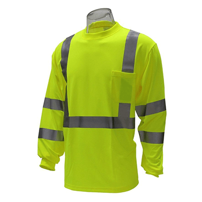 ANSI  Class 3 Hi Viz Long Sleeve T-Shirt With  Pocket And Reflective Stripes, Size: X-Large, Color: Hi Viz Lime