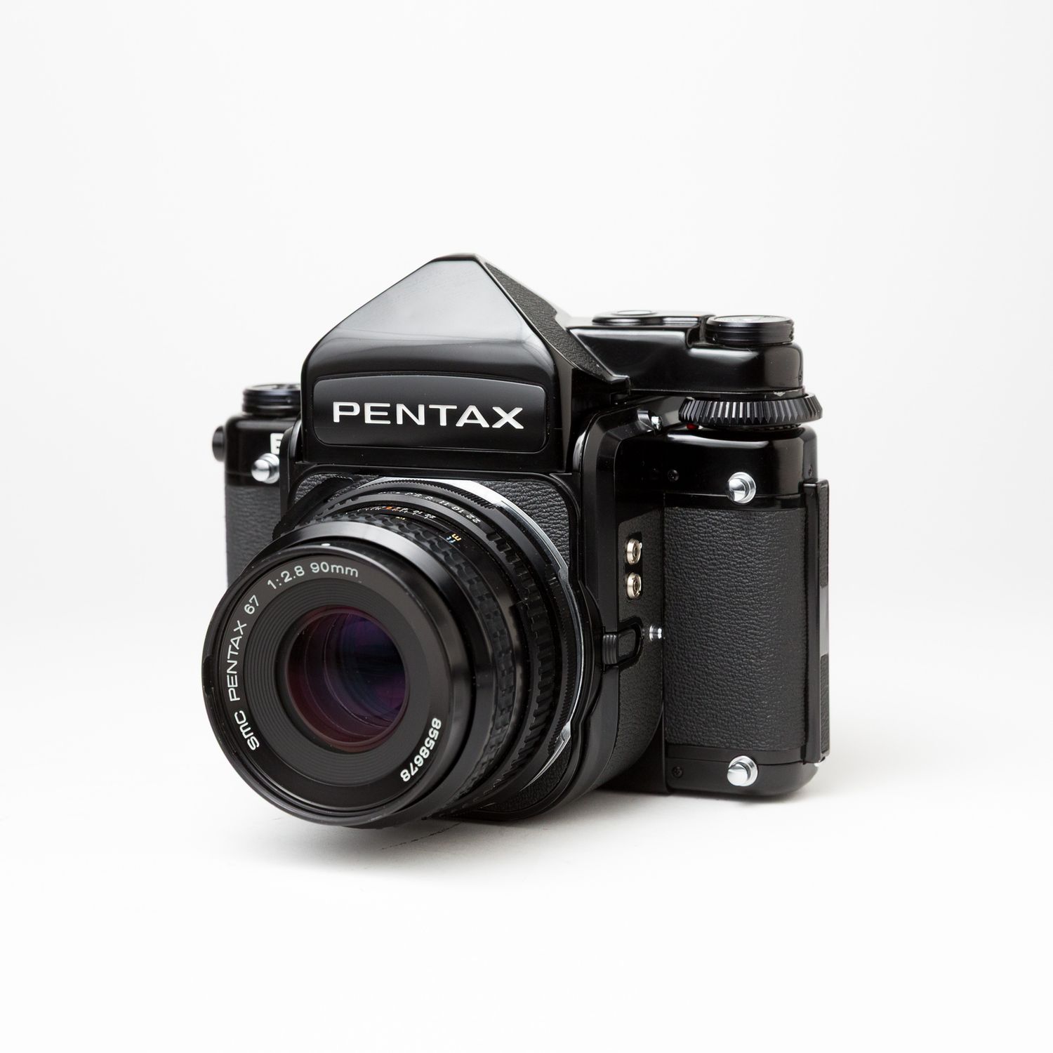 Pentax 67 with 90mm f/2.8 lens, lens hood, and remote battery cord