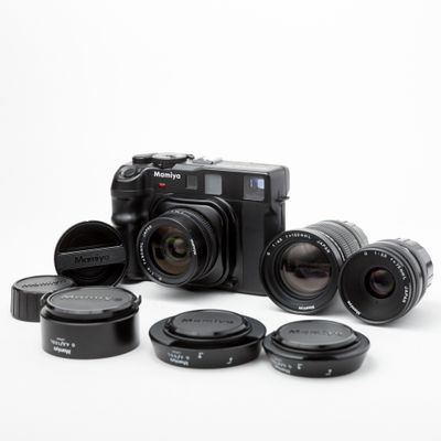 Mamiya 6 MF w/ 50mm f/4, 75mm f/3.5, 150mm f/4.5 lenses, and lens hoods
