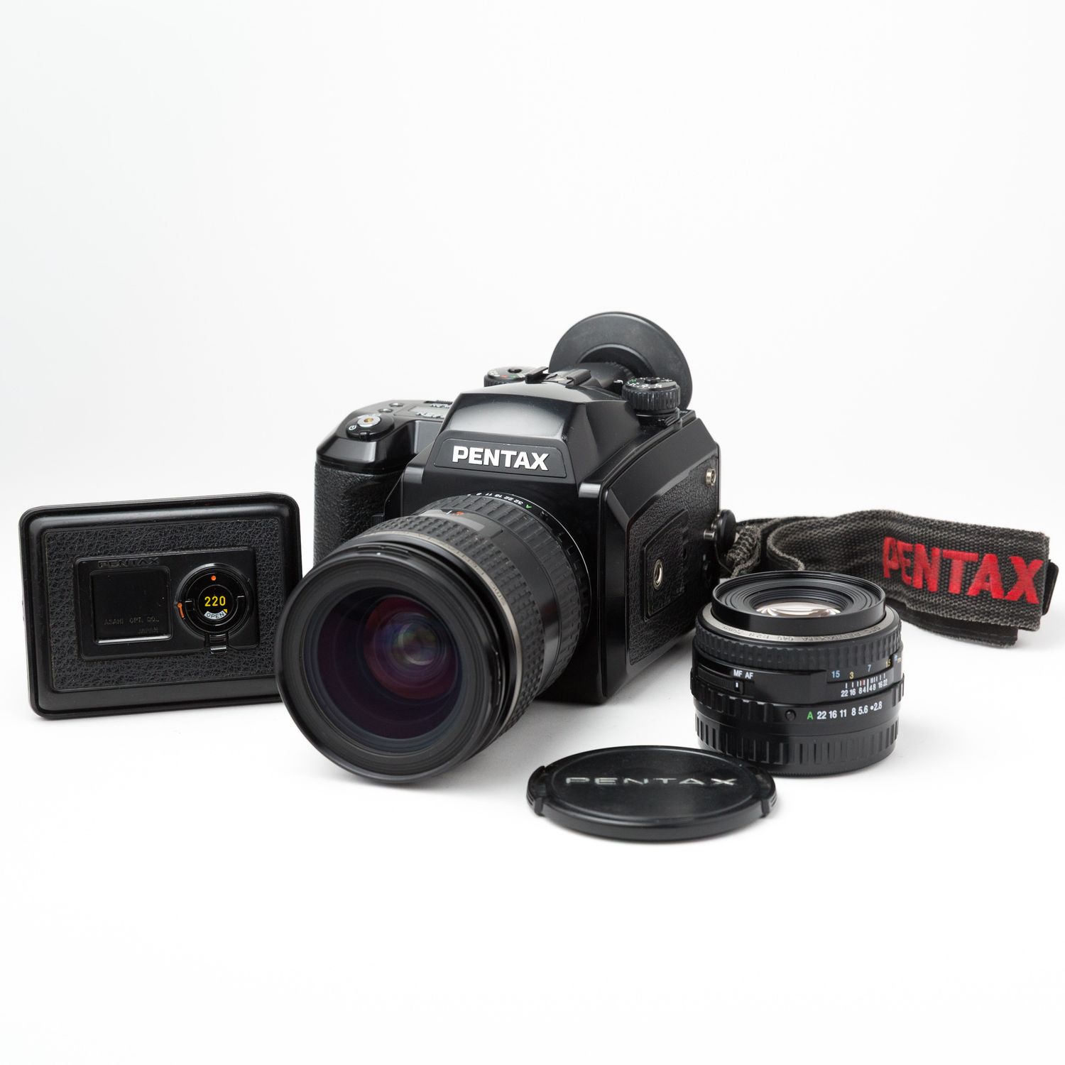 Pentax 645N w/ 45-85mm f/4.5 lens, 75mm f/2.8 lenses, and 120, 220 (converted to 120) backs