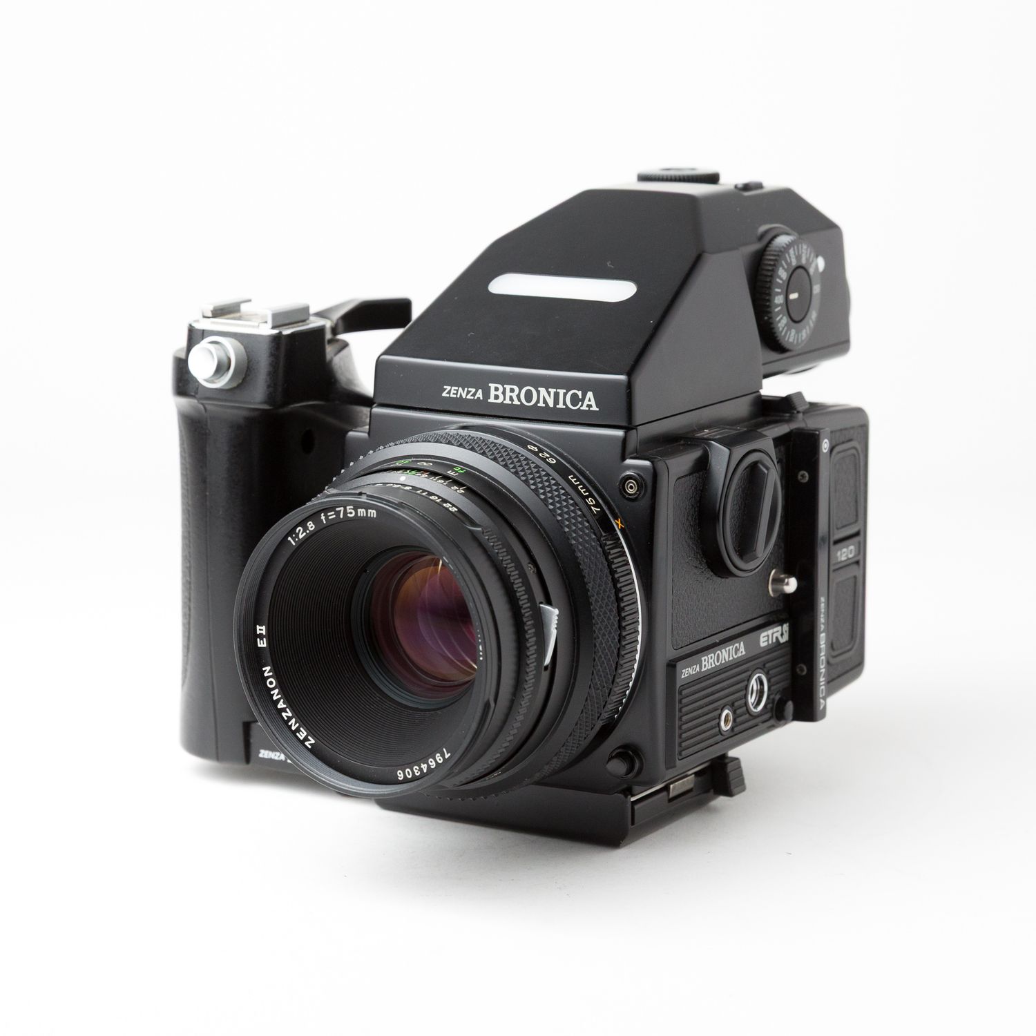 Zenza Bronica ETR-Si w/ 75mm f/2.8, 150mm f/3.5, and 45-90mm f/4-5.6 lenses + spare back, waist level finder