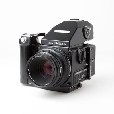 Zenza Bronica ETR-Si w/ 75mm f/2.8, 150mm f/3.5, and 45-90mm f/4-5.6 lenses + spare back, waist level finder