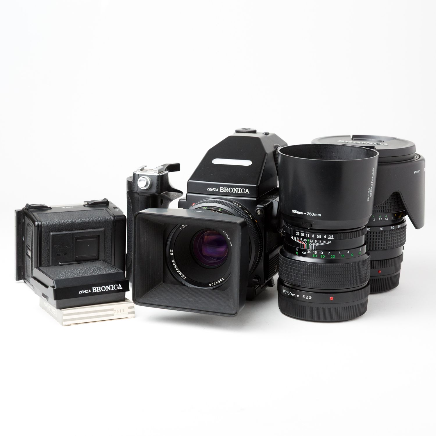Zenza Bronica ETR-Si w/ 75mm f/2.8, 150mm f/3.5, and 45-90mm f/4-5.6 lenses + spare back, waist level finder