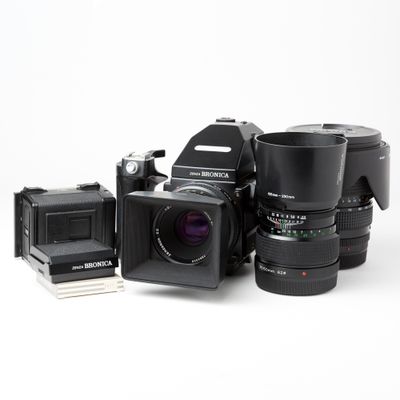 Zenza Bronica ETR-Si w/ 75mm f/2.8, 150mm f/3.5, and 45-90mm f/4-5.6 lenses + spare back, waist level finder