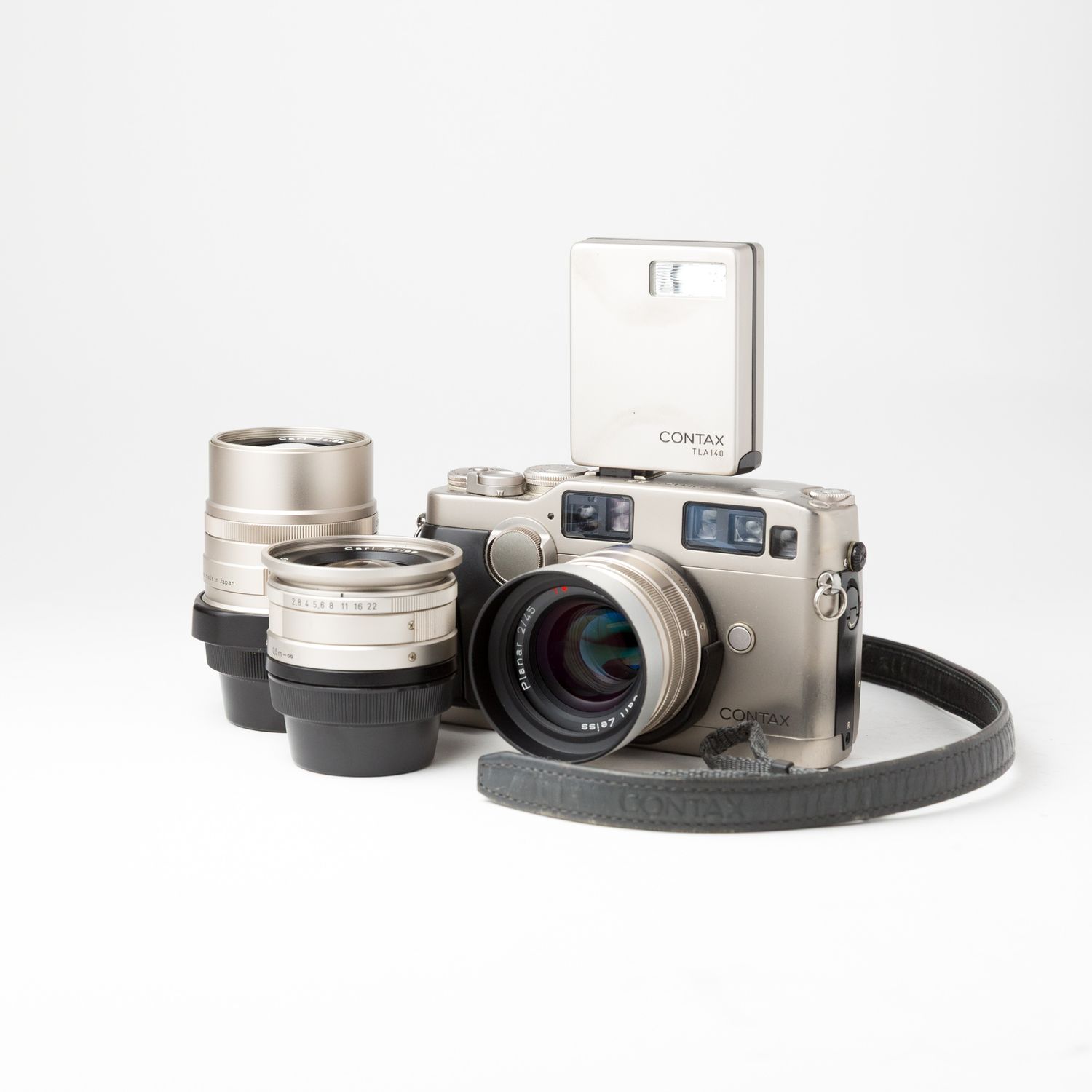 Contax G2 w/45mm f/2, 90mm f/2.8, 21mm f/2.8 lenses, and TLA 140 Flash