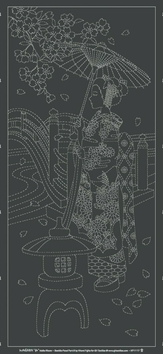 Wagara HF1117 Maiko Bloom Sashiko Panel - Charcoal Grey