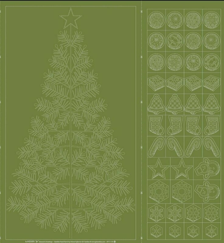 Wagara HF1118-14GT Sashiko Panel Seasons Greetings - Green Tea