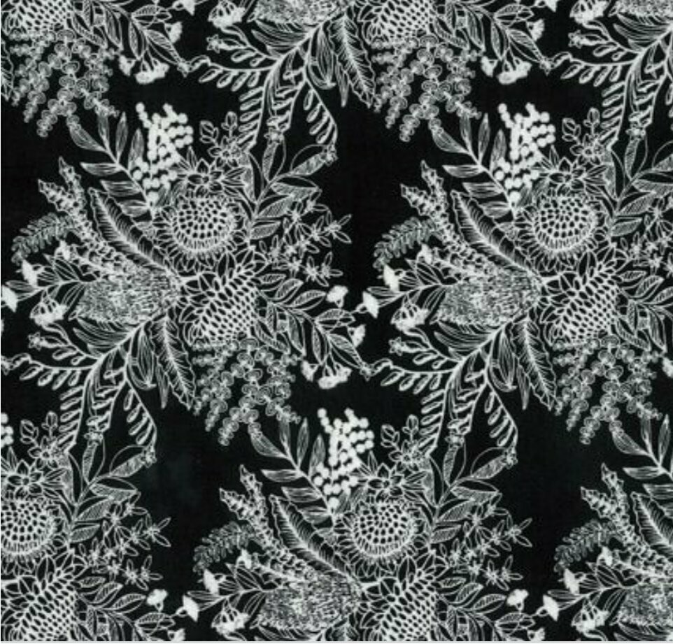 Botanicals Backing Black with White Floral Bouquet 108" Wide