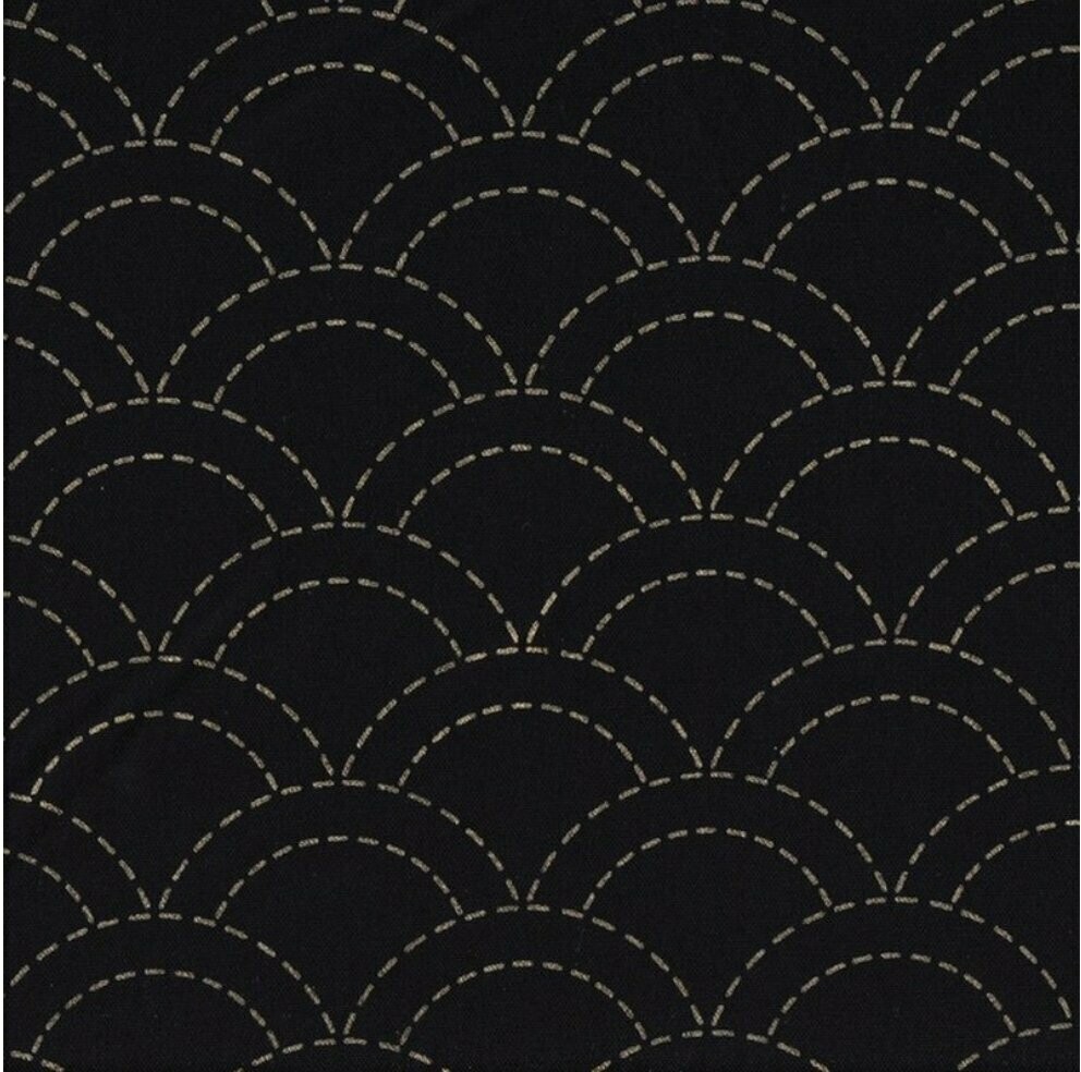 Sashiko Stencilled Fabric - Overlapping Waves Black