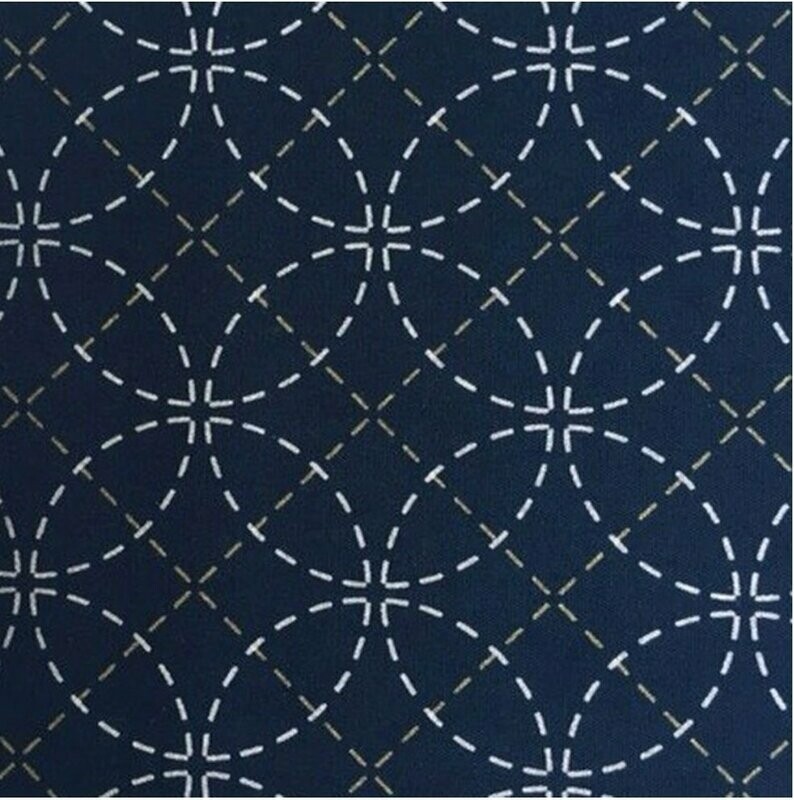 Sashiko Stencilled Fabric - Interlocking Circles Indigo