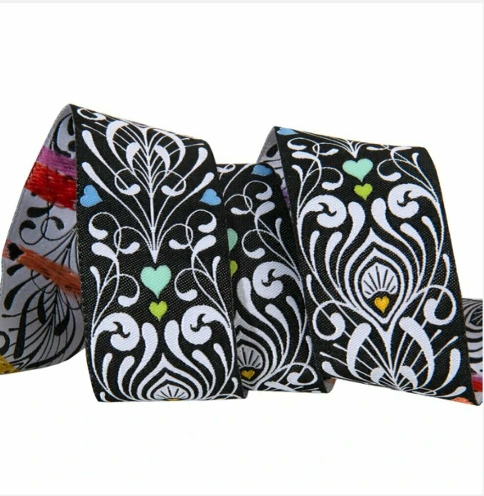 Tula Pink Linework Ribbon Peacock Feathers 1.5"