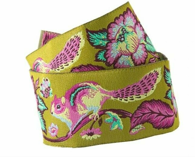 Tula Pink Chipper Chipmunk on Chartreuse 1.5" Ribbon