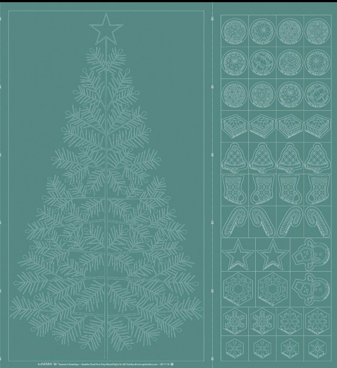 Wagara HF1118-15TB Sashiko Panel Seasons Greetings - Teal