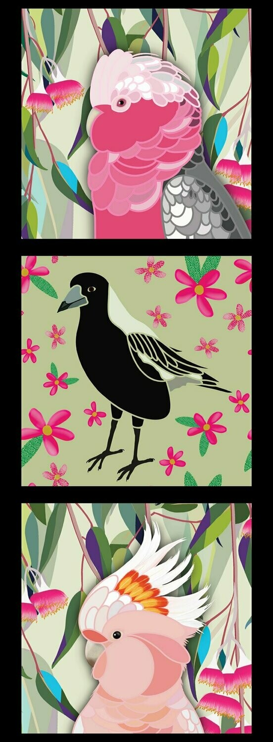 Orenda Joy Green - Galah, Magpie and Cockatoo 40cm 3 block panel HALF PRICE