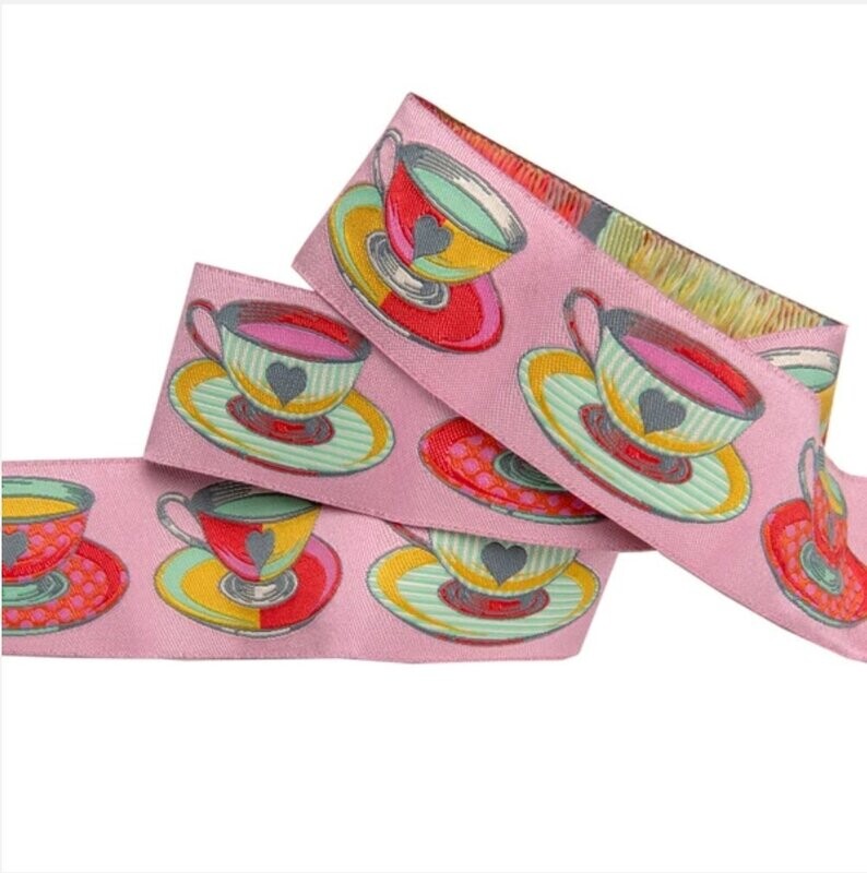 Tula Pink Curiouser & Curiouser Ribbon Big Tea Time Pink 1.5"