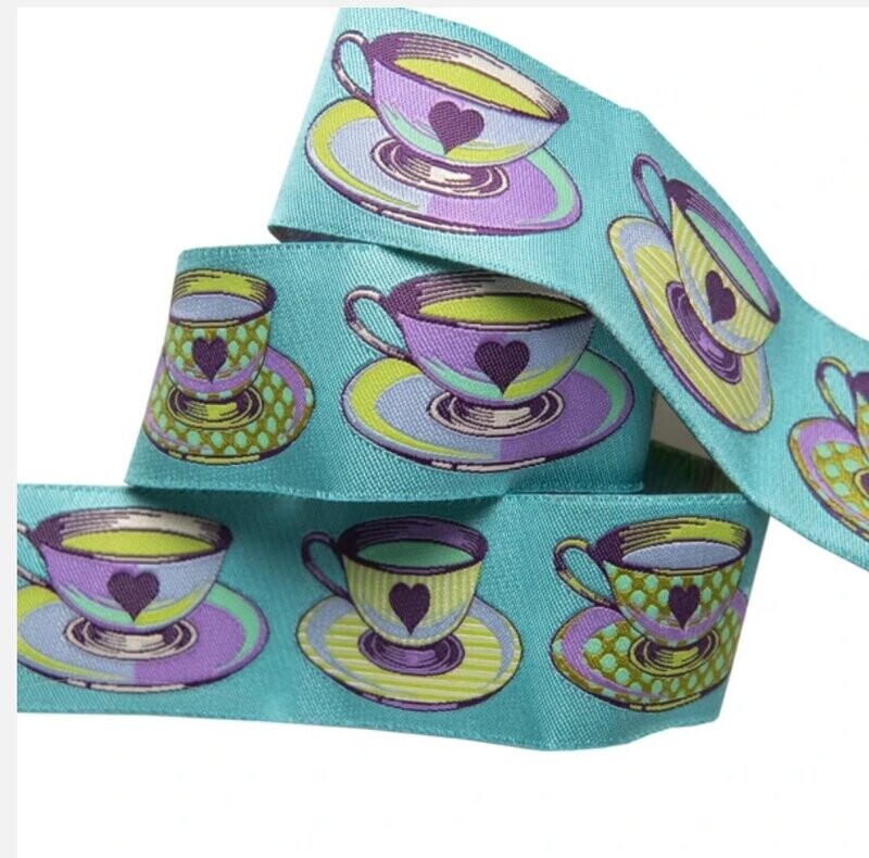 Tula Pink Curiouser & Curiouser Ribbon Big Tea Time Blue 1.5"