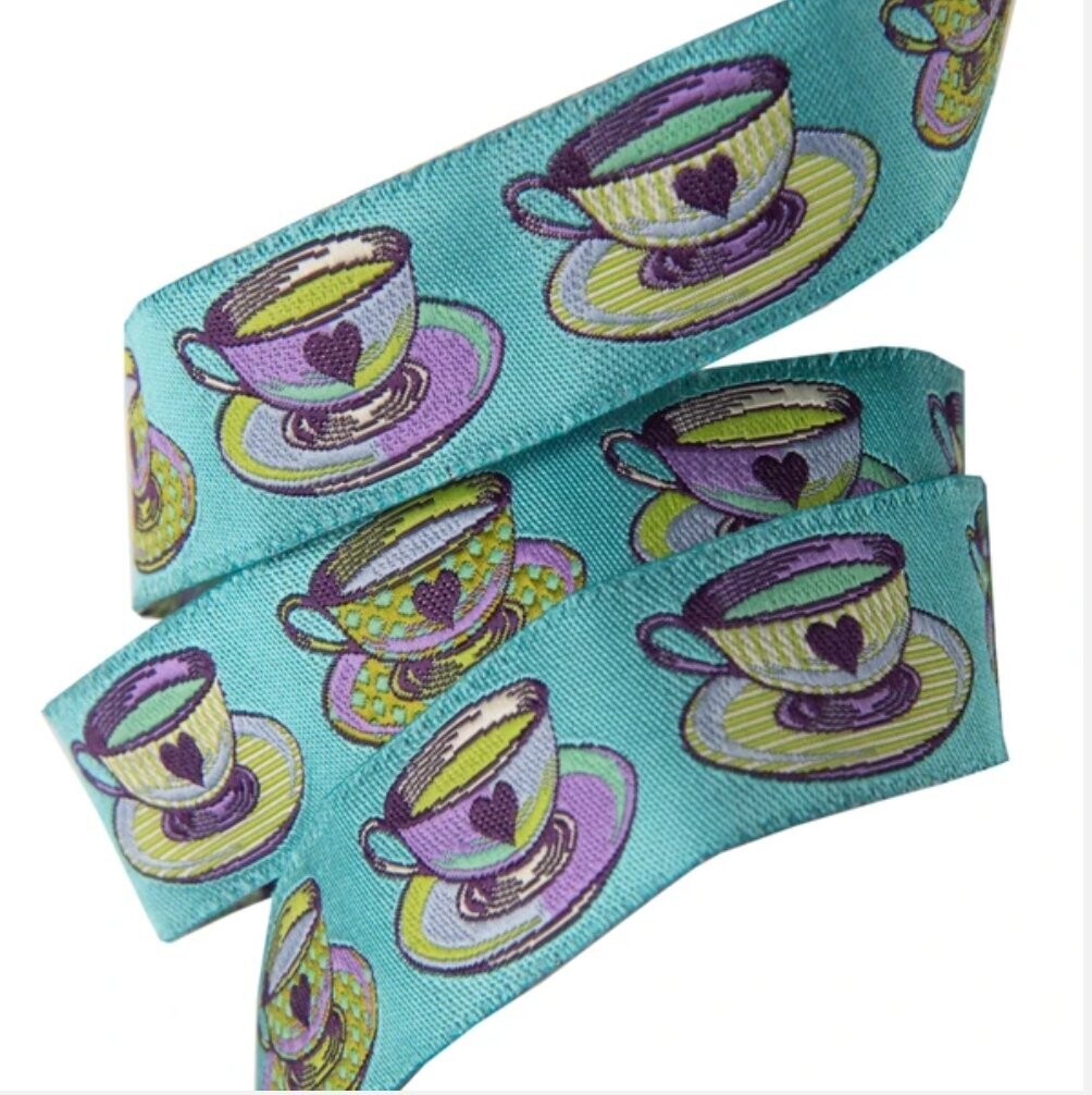 Tula Pink Curiouser & Curiouser Ribbon Tea Time Blue 7/8" or 22mm