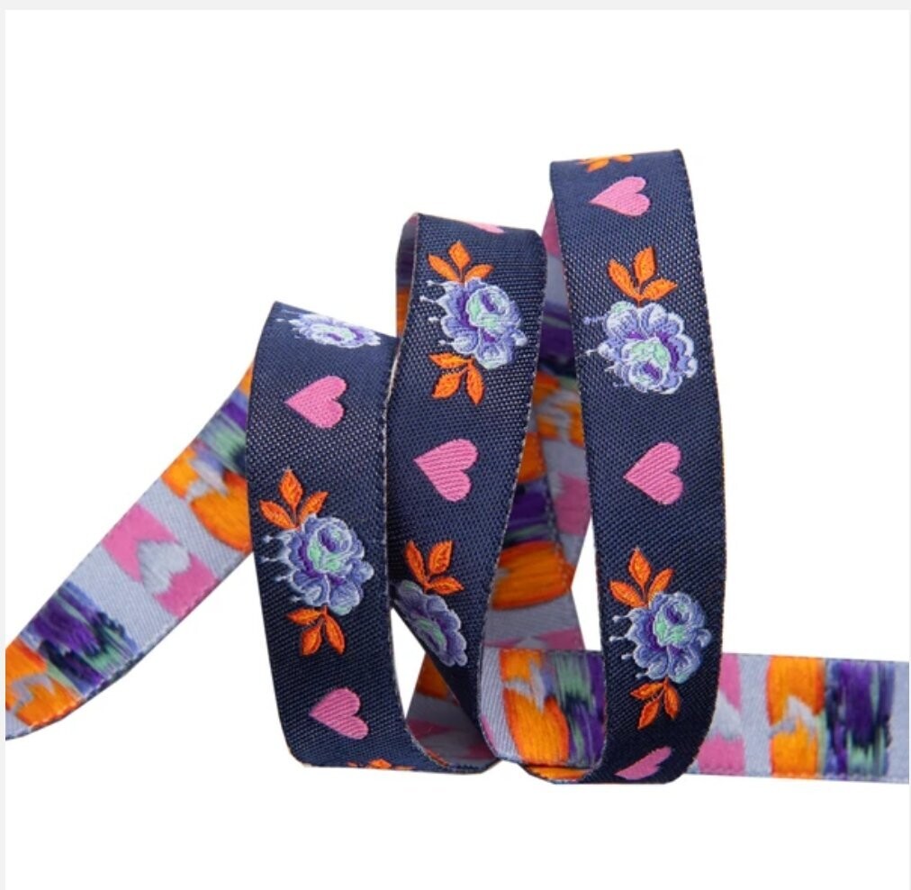 Tula Pink Curiouser & Curiouser Ribbon Painted Roses Navy 5/8" or 16mm