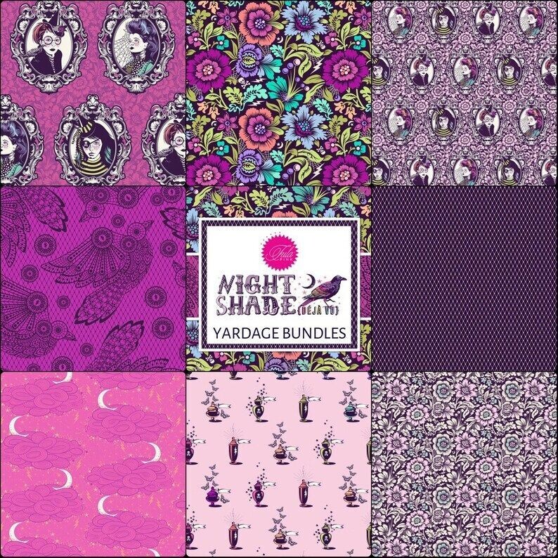 Tula Pink Deja Vu Nightshade 7pc Fat Quarter Pack excludes large Cameo Coven print.