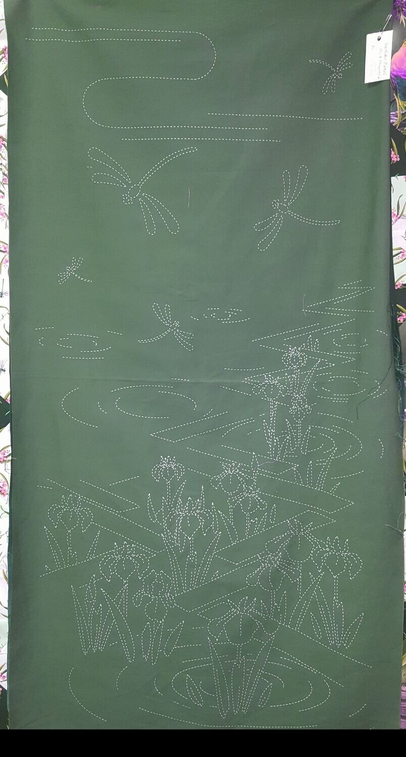Sashiko Panel HM-13 Dragonfly and Iris - Green