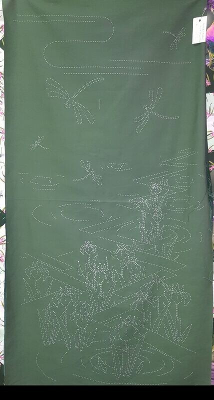 Sashiko Panel HM-13 Dragonfly and Iris - Green