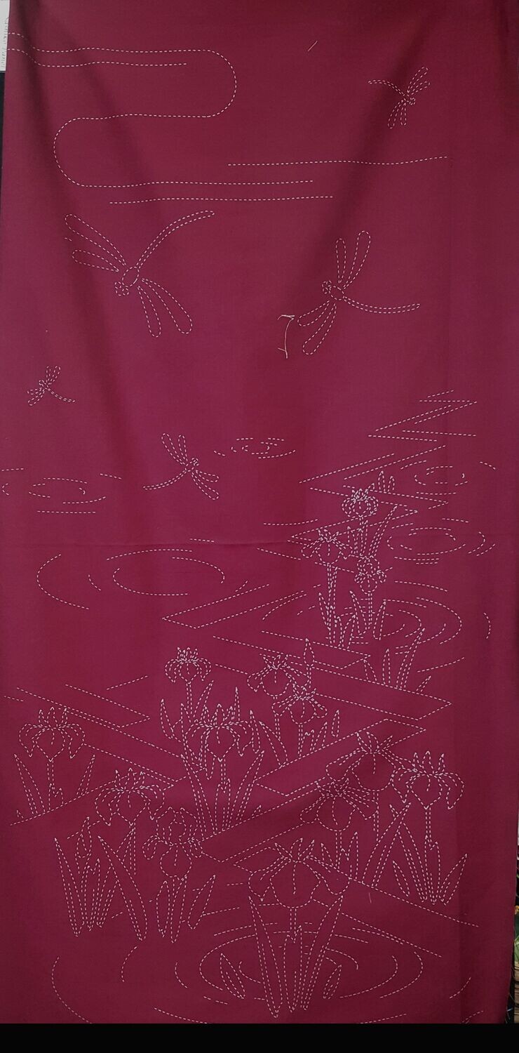 Sashiko Panel HM-13 Dragonfly and Iris - Red
