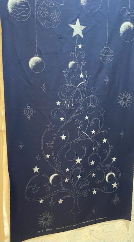 Sashiko Panel HM-47 Birds and Baubles  Christmas Tree Panel Navy with silver