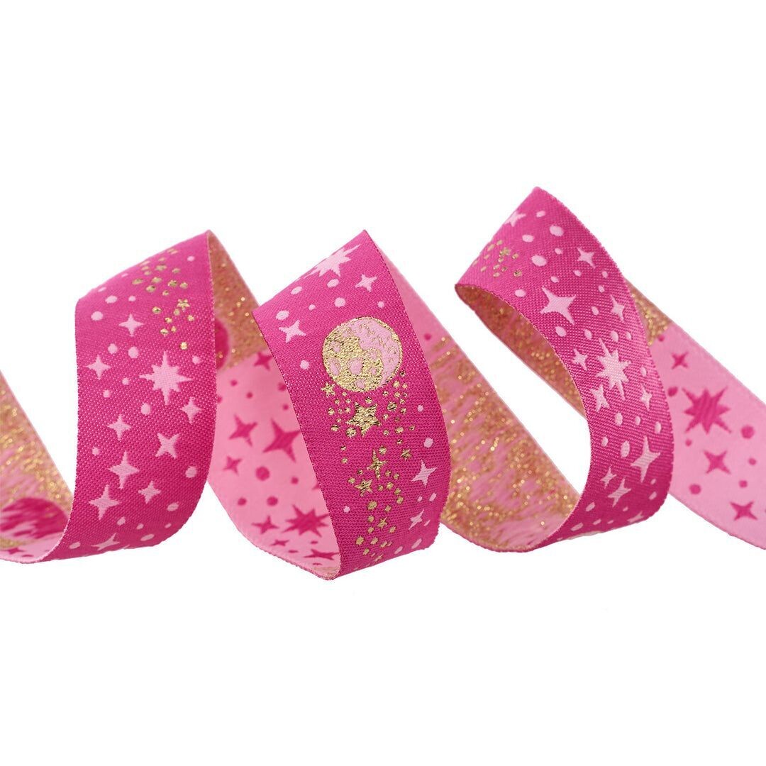 Tula Pink Roar Meteor Shower Blush Ribbon 7/8 inch wide with gold