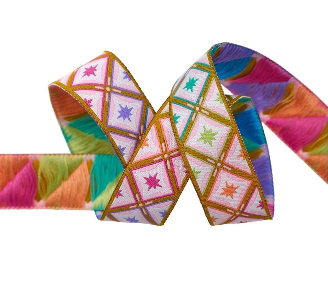 Tula Pink Roar Stargazer Mint Ribbon 7/8 inch wide with gold accents.